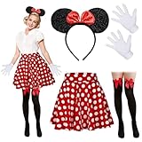 Meanju Mouse Faschingskostüme Damen Mit Weiß Gepunktet Pailletten Haarreifen+Faltenrock+Overknee...