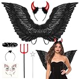 Humairc Karneval Kostüm Damen Mädchen, Teufel Kostüm, Schwarz Engelsflügel Teufel Hörner Engel...