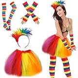 Hpbaggy 4er Karneval Kostüm Damen,mit Regenbogen Tüllrock,Kniestrümpfe Damen Bunt,Fingerlose...