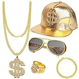 5 Stück Hip Hop Kostüm Set,Boombox Golden Baseball Cap Personalisiert Goldene Dollar Kette Brille...