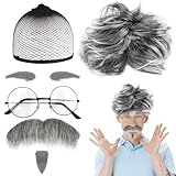 Opa Perücke Kostüm Set, 6 Stück Alter Mann Perücke Großvater Kostüm Cosplay Zubehör, Grandpa...