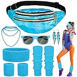 Fanshiontide 80er Jahre Outfit Damen Blau Set Enthalten Ohrring Halskette Bauchtasche Stirnband...