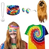 CHMMY 70er Hippie Kostüm Set, Hippie Accessories T-Shirt Perücke Brille Peace Halskette Stirnband,...