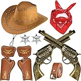 vamei 9 Stk Cowboy Kostüm Zubehör Kinder Jungen Cowboyhut Bandanna Metallabzeichen Gürtel Holster...