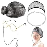EMAGEREN Old Lady Kostüm Großmutter Cosplay Zubehör Set Oma Perücke Perücke Kappe Oma Brille...