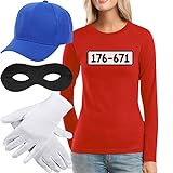 Panzerknacker Kostüm Langarm-Shirt + MÜTZE + Maske + Handschuhe Frauen Langarm-T-Shirt X-Large Rot