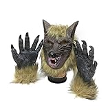 SUNREEK Werwolf Kostüm Wolfskralle Handschuhe und Kopfmaske für Halloween, Cosplay Kostüm Party