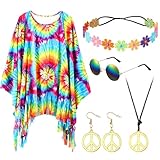 Hestya 5 Stück 60er 70er Hippie Kostüm Set Damen Hippie Tie Dye Poncho Blumen Stirnband Retro...