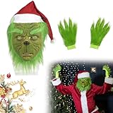 Grin Kostüm Maske mit Weihnachtsmütze und Handschuhen, Grün Gruselige Monster Kopfmaske mit...