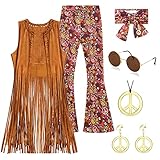 Hippie Kostüm Damen Set mit Fransen Weste ärmellose 70er Jahre Damenhose und Hippie Kleidung Damen...