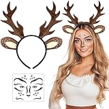 iZoeL Karneval Kostüm Damen Mädchen, Haarreif Reh Geweih Hörner Rehohren + Reh Gesichtstattoo,...
