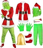 SINSEN Grinch Weihnachten Kostüm für Erwachsene Weihnachtsmann Outfit mit Maske Grünes Monster...
