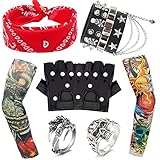 7 Stück Rock Zubehör, 70er 80er Jahre Punker Kostüm Zubehör mit falschen Tattoo Ärmeln Armband...