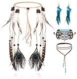 LOLIAS 4 Teiliges Indianer Kopf Schmuck Set Lederhalskette Und Feder Ohrringe Für Damen...