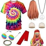 8 Stücke Hippie Kostüm Herren Damen, 70er Hippie Accessories mit Perücke Hippie T-Shirt Retro...