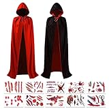 Hook Umhang Schwarz Rot mit Kapuze(140cm), Vampir Teufel Kostüm Halloween Tod Kultfaktor Hexe für...