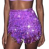 Ushiny Damen Rock Pailletten Quasten Rock Rave Rock Bauchtanz Kostüm Bauchtanz Mini Rock für Damen...