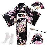 PLULON 5-teiliges japanisches Geisha-Yukata-Kleid, Blüten-Satin-Bademantel mit Kordelzug,...