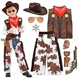BARVERE Cowboy Kostüm Kinder, Western Cowboy Zubehör mit Cowboyhut, Halstuch, ärmellose Jacke,...