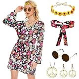 Ulikey 6 Stück Hippie Kostüm Damen Set, 60er 70er Kleid Hippie Kleidung Frauen Mädchen Disco...