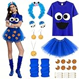 HEYIDAMAI Krümelmonster Kostüm Damen, Monster Kostüm Frauen mit Blauem T-Shirt, Haarreif,...