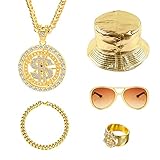 CHEVVY Hip Hop Kostüm Set 5 Stücke Goldener Fischerhut Dollar Anhänger Kette Ring Sonnenbrille...