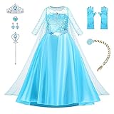 AOOWU ELSA Kostüm Mädchen, 9-teiliges Set ELSA Kleid Kinder mit Krone Handschuhe Zauberstab,...