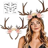 iZoeL Karneval Kostüm Damen Mädchen, Haarreif Reh Groß Geweih Hörner mit Blumen + Reh...