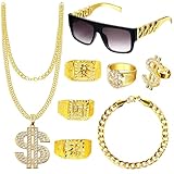 Goenb 8 Stück Zuhälter Kostüm, 80er 90er Jahre Outfit Herren Hip Hop Kostüm Goldkette Herren...