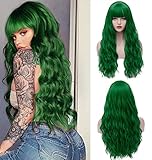 Perücke Grün für Damen, Lang Locken Cosplay Perücke mit Pony für Frauen Kinder Kostüm Party...