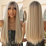 Allbell Lange Gerade Blonde Perücken für Frauen Natürlich aussehende Perücken mit Pony Blond...