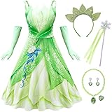 IWFREE Mädchen Prinzessin Tiana Kostüm Cosplay Froschprinzessin Schulterriemen Maxi Abendkleid mit...