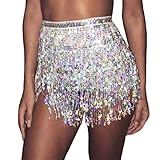 Aohhy Damen Bauchtanz Rock Kostüm Pailletten Quaste Rock Hawaii Hula Gras Kostüm Mini Rave Fransen...