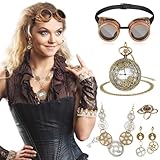 DPKOW 6 Stk Steampunk Accessoires, Steampunk Brille Taschenuhr mit Kette Steampunk Zahnräder...