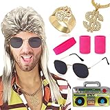 6 in 1 Vokuhila Set mit Assi Perücke, Dollar Kette, Dollar Ring, Aufblasbarer Ghettoblaster, Brille...