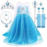 Prinzessin Kleid Mädchen, Eiskönigin Elsa Kleid mit Elsa Krone Zauberstab Halsketten-Set,...