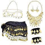 Hpbaggy 7 Sets Bauchtanz Accessoires Damen, Bauchtanz Hüfttuch mit Goldmünzen Ohrringe, Halskette,...