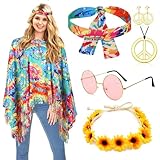 Hippie Kostüm Damen Set mit Hippie Poncho Damen und Zubehör Karneval Faschingskostüme Damen...
