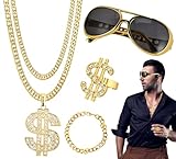 GOLDGE 4St Zuhälter Kostüm Goldene Dollar Kette Set, 70er 80er 90er Jahre Accessoires mit...