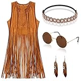 YADODO Hippie Kostüm Damen Set Fransen ärmellos Weste Hippie Kleidung Damen 60er 70er Jahre...