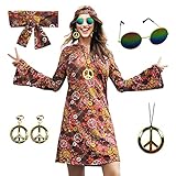 MRYUWB 70er-Hippie-Kleid-Kostüm für Damen, mit Halskette, Ohrringe, Sonnenbrille, Disco-Kostüm,...