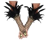 keland Damen Schwarz Feder Spitze Fingerlose Lange Handschuhe für Hochzeit Halloween Maleficent...