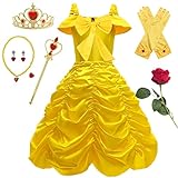 YOGLY Mädchen Kostüm Belle Prinzessin Kleid Verkleidung Die Schöne und das Biest Fliege...