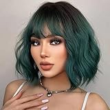 testar 14 Zoll Kurze Bob Perücke Gewellt Mit Pony Für Damen Grüne Ombre Perücke Schulterlang...