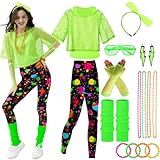 Ulikey 80er 90er Jahre Outfit Damen, Kostüm 80er Jahre Damen Bunte Leggings, Aerobic Outfit 80er...