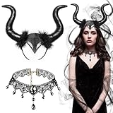 JOYUE 2 Stücke Königin Hörner Teufel Kopfschmuck & Gothic Halskette Spitze Halloween Böse...