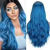 Perücke Blau Lang für Frauen Ombre blue Perücken Mittelteil Wellige Locken Cosplay Perücke...