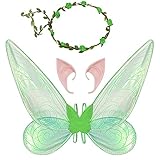 Feenflügel Kostüm, Damen Mädchen Schmetterlingsflügel Elfenflügel mit Elfenohren Blumenkranz...