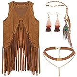 jerbro 4 Stück Hippie Kostüm Damen kleidung 60er 70er Disco Fransen Weste Bekleidung Mädchen...