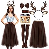 Reh Kostüm Damen Kleid mit Reh Geweih Haarreif Tattoo Socken Brauner Tüllrock Lang Rentier Kostüm...